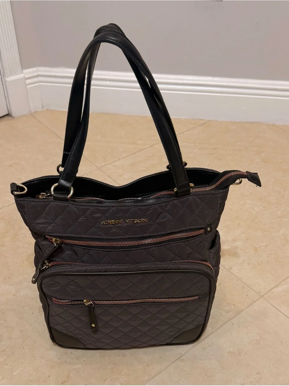 Adrienne Vittadini Quilted Black Tote Bag with Top Handles. Very Good Condition